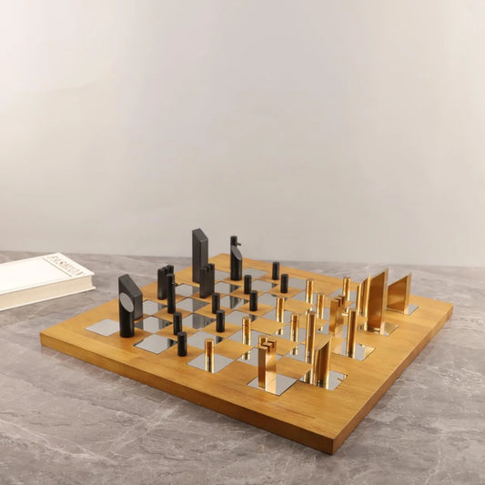 "DecorBites™ Geometric Block Chess Set - Wooden Metal Chessboard Home Decor"